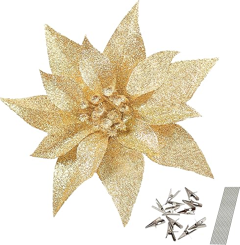 YOSICHY 12 piezas de flores artificiales de Navidad, adornos de Navidad dorados para decoración de árbol con clips, tallos falsos flores de Pascua
