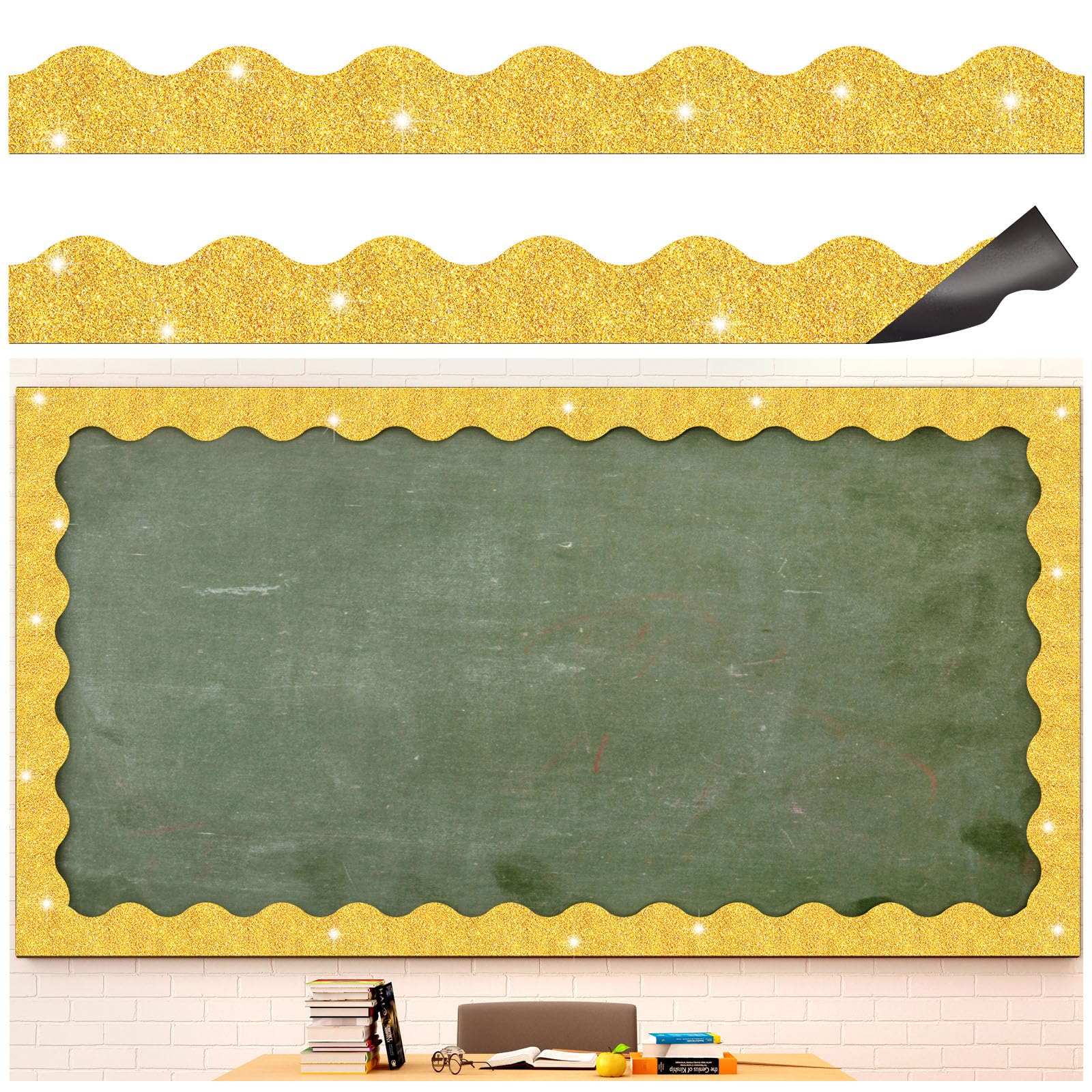 Yingzhao 40 Pcs Gold Bulletin Board Borders Glitter Decorative Border Scalloped Bulletin Board Decorations Self-Adhesive Magnetic Border Stickers for