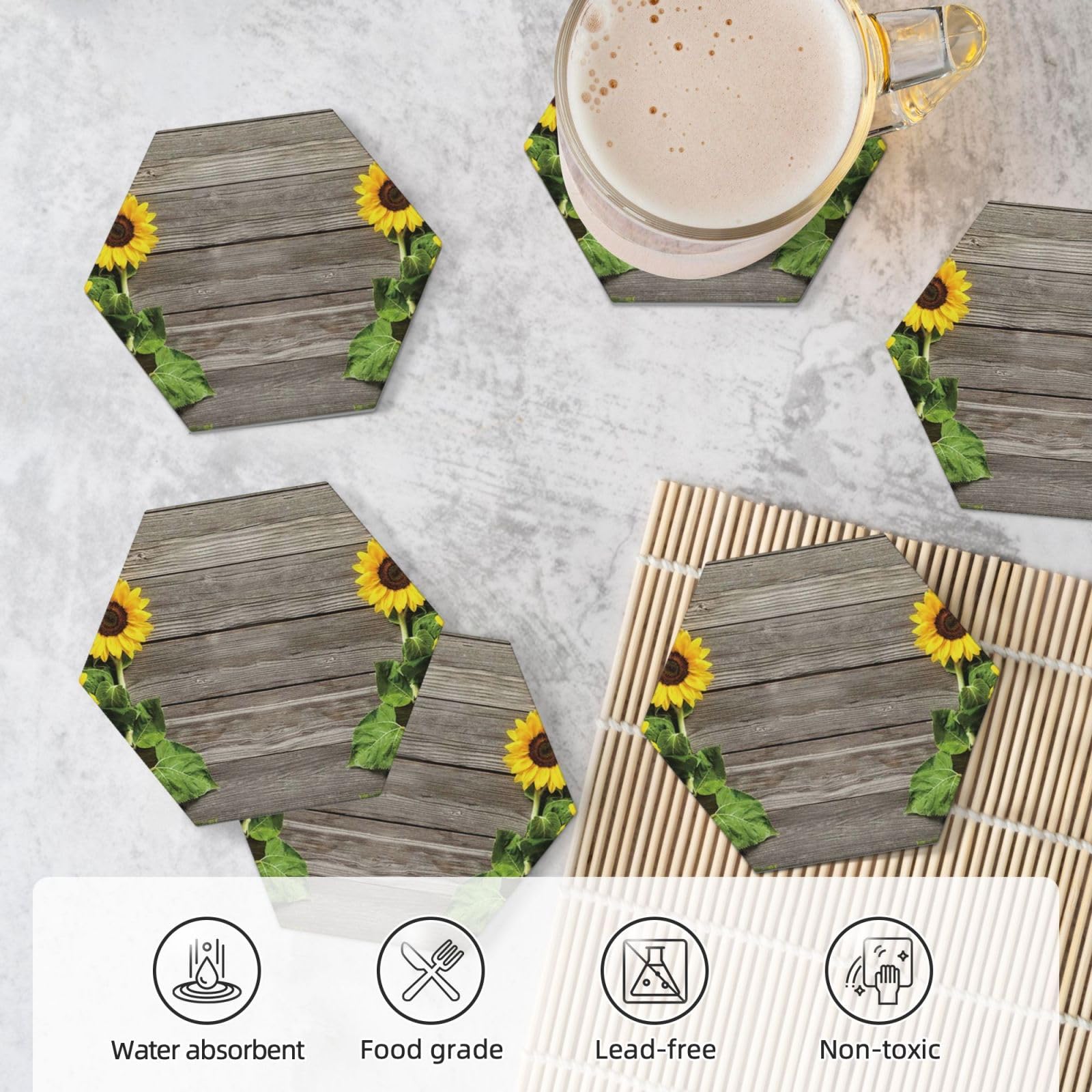 Lot de 6 sous-verres décoratifs en céramique avec motif tournesols