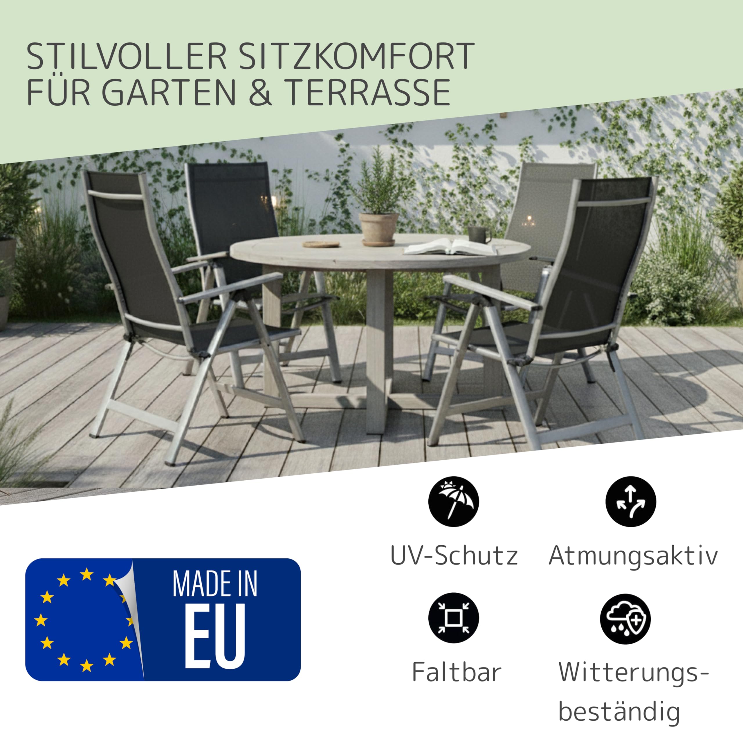London Gartenstühle, Made in Europe, Balkonstuhl klappbar, Hochlehner Gartenstuhl, Esszimmerstuhl, Balkon & Terrasse, verstellbar, Terrassenmöbel, Campingstühle, wetterfest