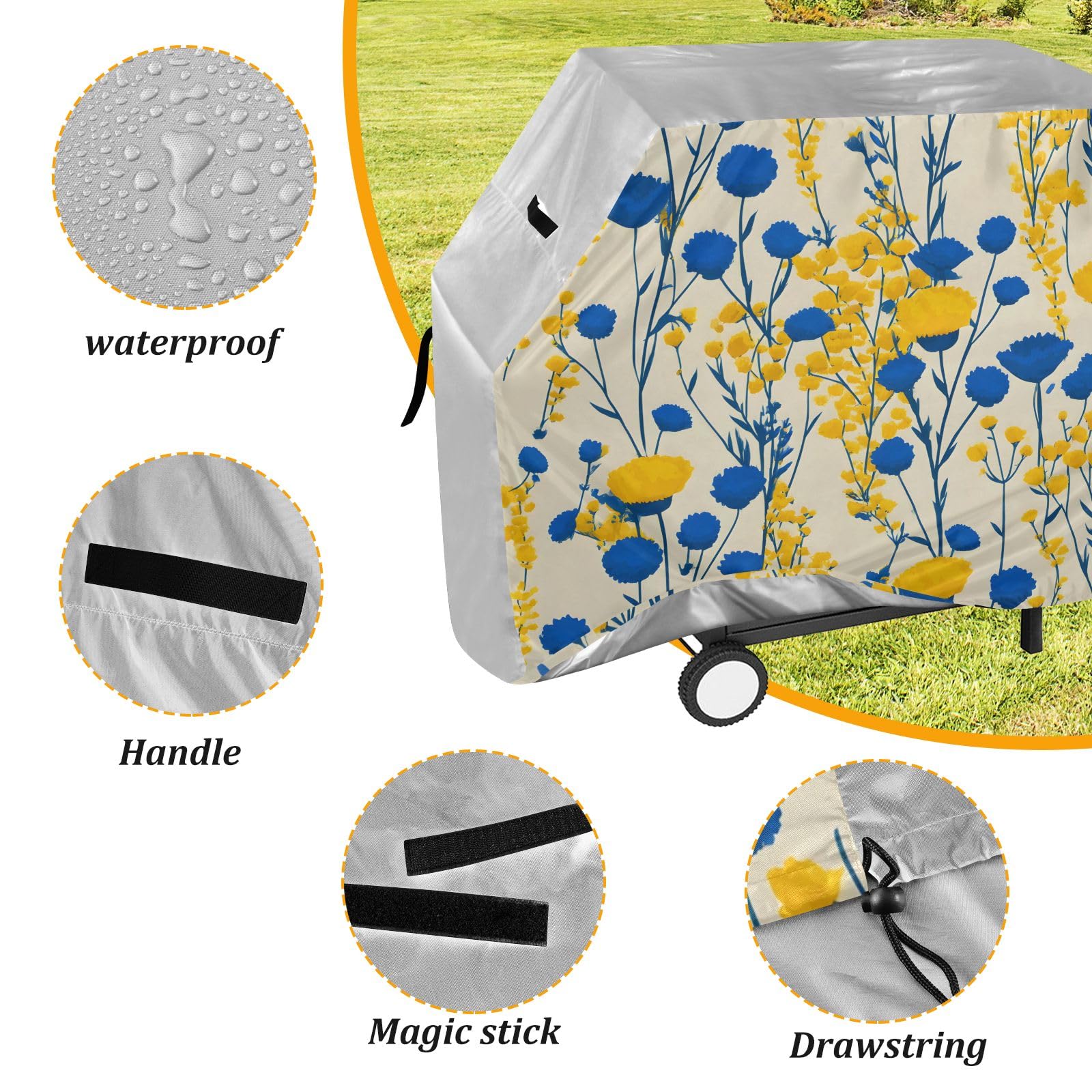 Funda para barbacoa de flores amarillas y azules, impermeable, resistente, para exteriores