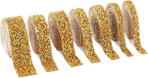 Bright Creations 7 rollos de tiras adhesivas de diamantes de imitación de cristal para manualidades, decoración, regalos (4 tamaños, dorado) - Cinta
