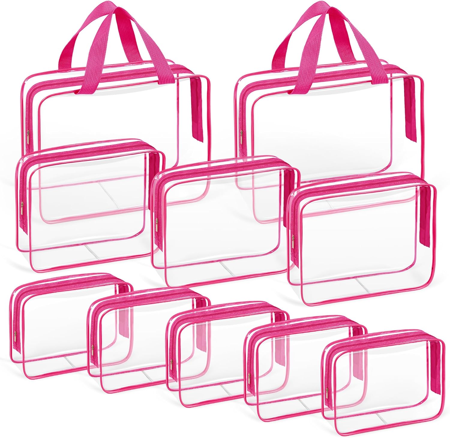 TISRATOK 10 PCS Clear Travel Makeup Toiletry Bag, Plastic PVC Cosmetic TSA Approved Organizer Kit with Zipper Handbag（Coffee）