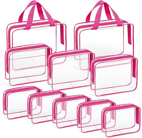 10 piezas de maquillaje de viaje transparente, plástico PVC cosmético aprobado por la TSA kit organizador con cremallera bolso, Rosa Rojo