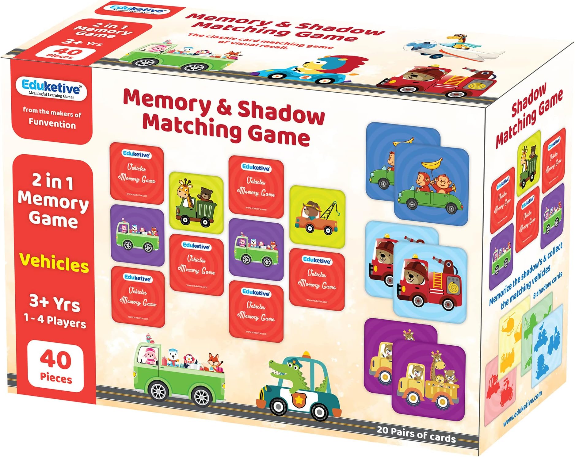 Eduketive Vehicles - 2 in 1 Memory & Shadow Matching Game - 48 Pieces Concentration Memory Card Game - Kids Age 3 to 12 Years Old
