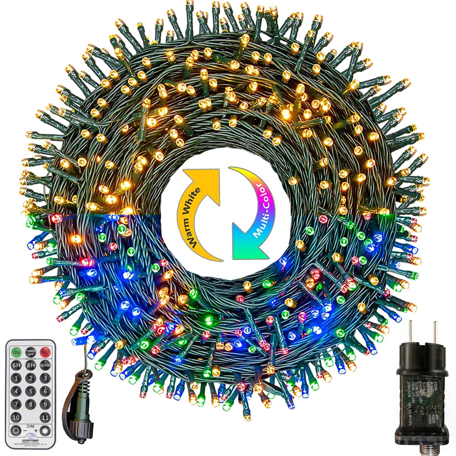 Bowfar Lichterkette Außen 50M 500 LED Warmweiß & Bunt Lichterkette Weihnachtsbaum mit Fernbedienung Timer Merkfunktion, 11 Modi Weihnachtsbeleuchtung für Balkon Garten Party Hochzeit Weihnachtsdeko