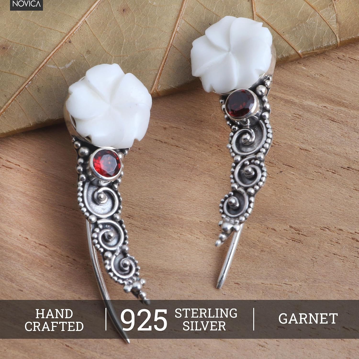 NOVICA Artisan Handmade Garnet Ear Climber Earrings Sterling Silver Drop Indonesia Birthstone Gemstone Floral [0.4 in L x 1.3 in W x 0.2 in D] ' White Jepun'