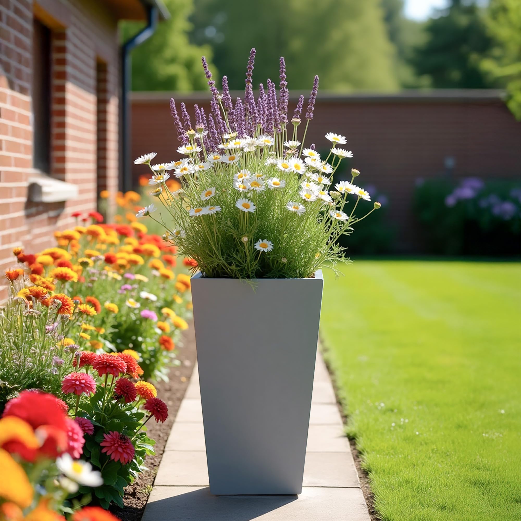 IDEALIST Small 50.5cm Tall Planter for Garden | Grey Reinforced Stone Tapered Square Planter | Outdoor Pots with Drainage Holes L24.5 W24.5 H50.5 cm, 18 litres
