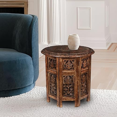 Miniatura 4 de Mesa auxiliar de madera, mesa auxiliar tradicional tallada a mano octogonal, espacios pequeños, entrada, granja, sala de estar, mesa auxiliar
