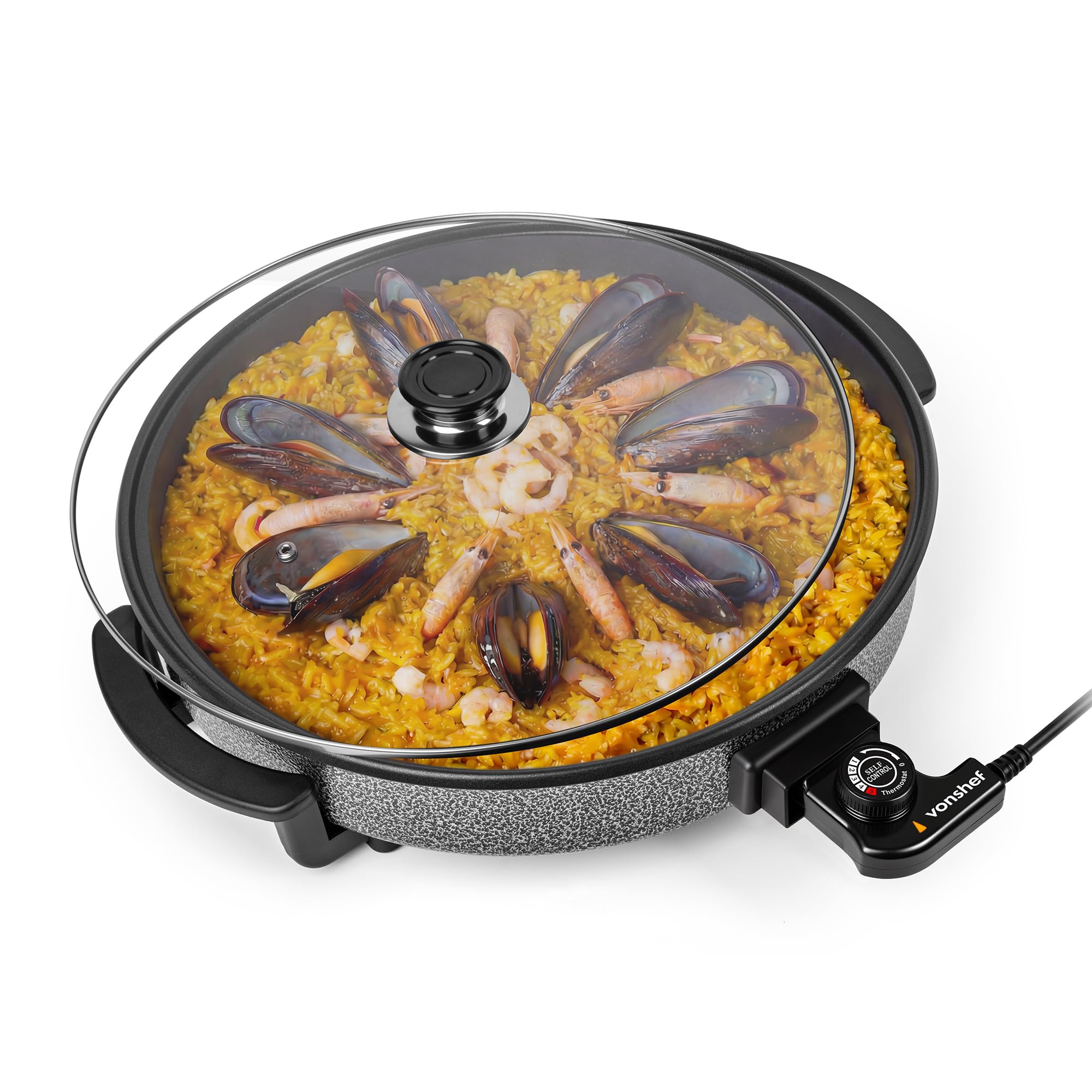 VonShef Electric Frying Pan 6L – 42cm Multi Cooker, Non-Stick Electric Skillet with Glass Lid & Adjustable Temperature, Easy Clean, Cool Touch Handles & Detachable Power Cable for Serving – 1500W