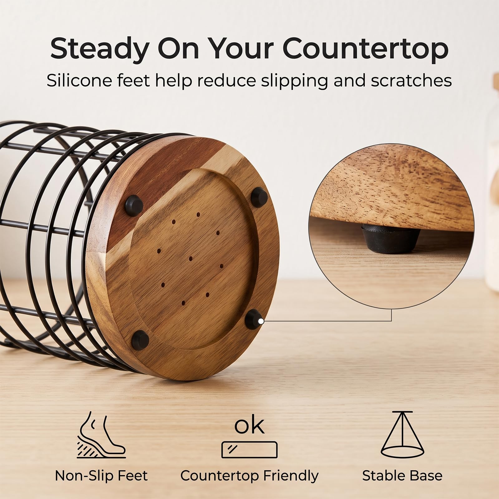WILDMOS Soporte para utensilios para encimera de cocina, alambre negro con base de madera, soporte para utensilios de cocina de madera grande, organizador de utensilios de cocina.