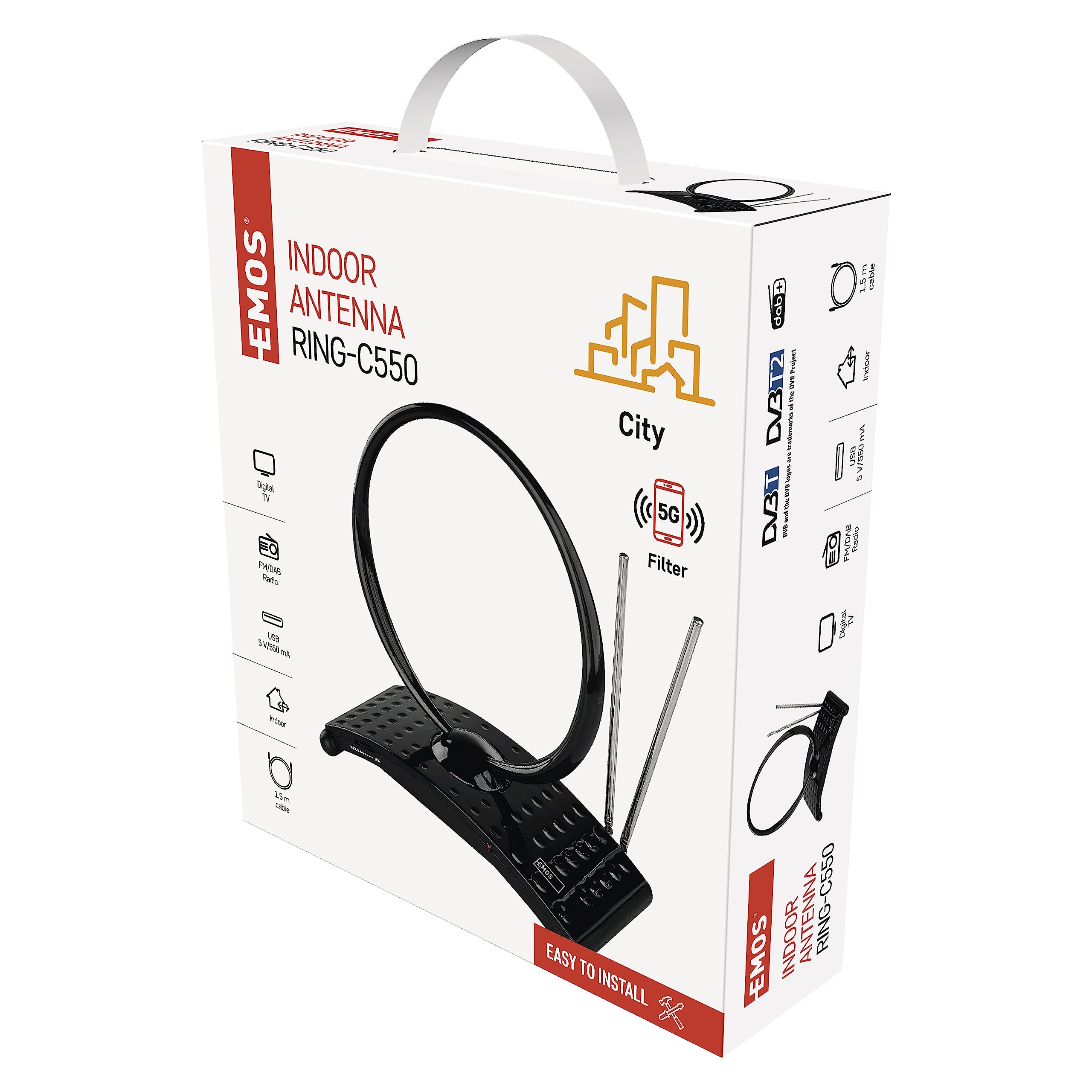 EMOS Antena Interior Digital Activa J0701 para recepción Full HD DVB-T/T2, Dab, con Filtro LTE/5G Integrado y Amplificador de señal, 0-25 km