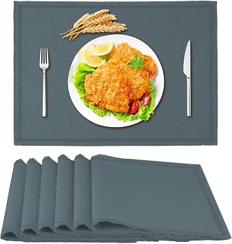 Boho Tassel Cloth Placemats Set of 6, Linen Type Fabric, Machine Washable, Wrinkle Free Thick Polyester Kitchen Place Mats for Dining Table - Dark Navy Grey