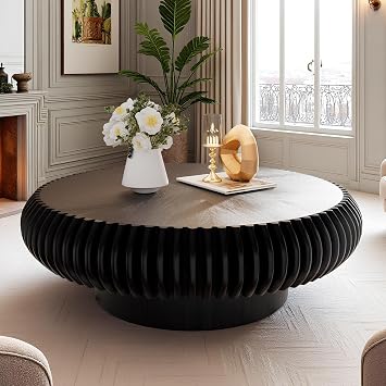 Round Fluted Coffee Table 39.4" Modern Wood Drum Coffee Table, 39.4" Black