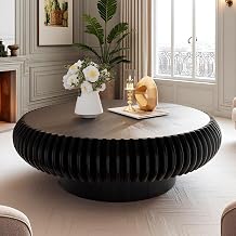 Round Fluted Coffee Table 39.4" Modern Wood Drum Coffee Table, 39.4" Black | Handcrafted Relief Center Table with Sturdy Pedestal for Living Room Easy Assembly