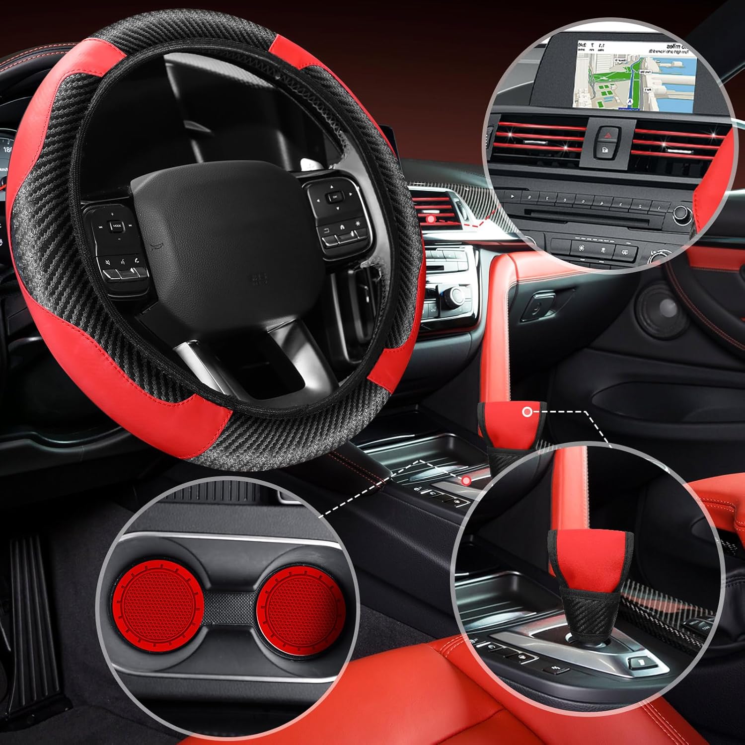 Riakrum 30 Pcs Car Accessories Set Red and Black PU Leather Steering Wheel Cover Auto Interior Accessories Gift Car Vent Trim Strips Air Conditioner Insert Strips with Installation Tool - Image 6