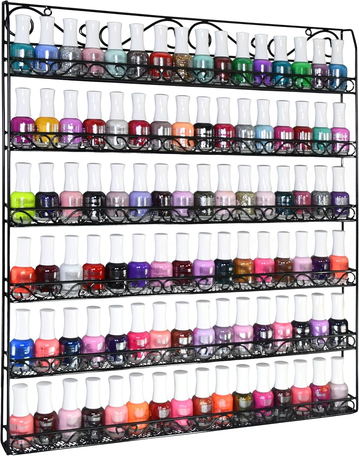 AMT 6 TIER Metal Nail Polish Racks, Fit Up To 108 BOTTLES, Black Wall Mounted, Display for The Wall, Young Living Essential Oils Organizer for Home Salon Business Spa (108 Bottles) 1 Count (Pack of 1)