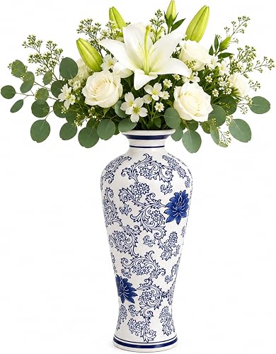 Euro Ceramica Blue Garden 20 Inch Tall Ceramic Vase, Hand-Painted Blue Lotus Design, White Decorative Shoulder Vase for Large Floral Arrangements