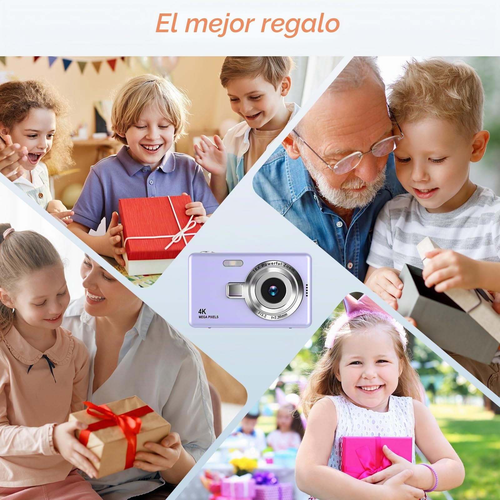 Cámara Digital 1080P FHD cámara compacta de 44 MP con Pantalla LCD de 2.4" Zoom Digital de 16X cámara de vlogging Simple cámara Digital portátil con Tarjeta SD de 32 GB para niños (Violeta)