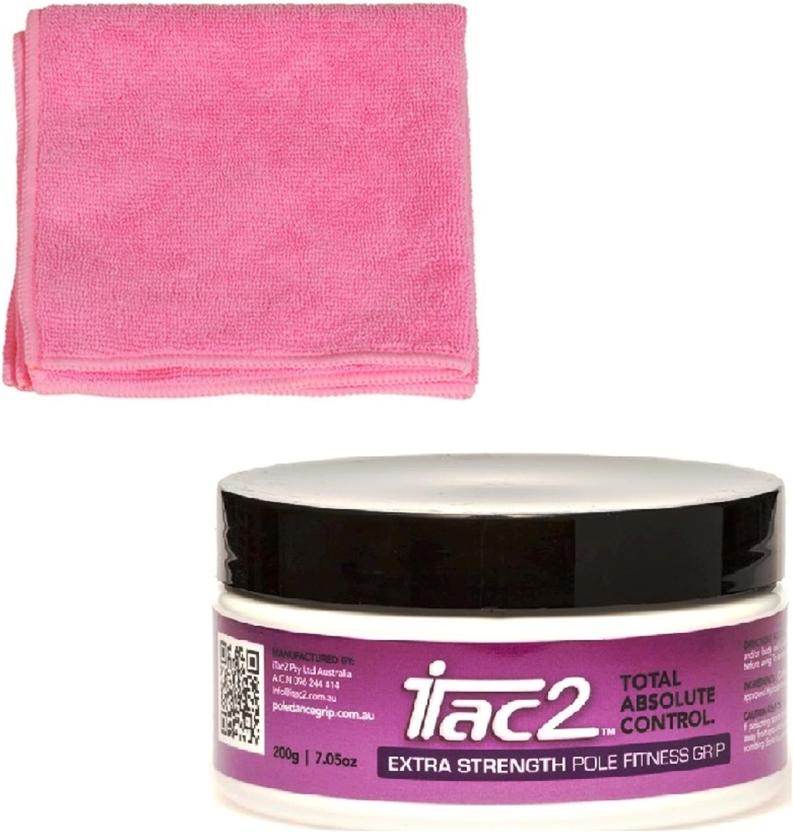 iTAC2 Level 4 (Extra Strength) Total Absolute Control Sports Pole Dance Hand Grip 200gm (7oz) Super Value Tub and Bonus Pink Microfiber Pole Cloth