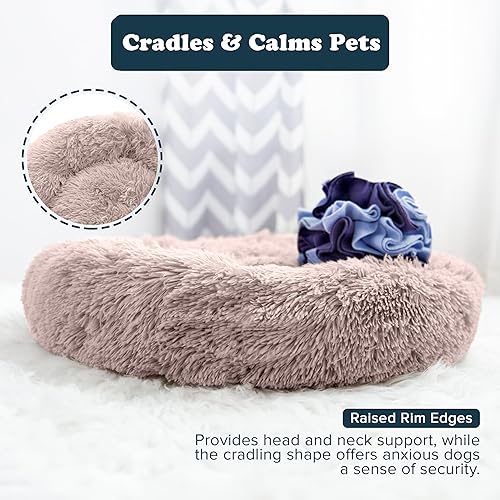 Miniatura 10 de Cama para perro ultra calmante antiansiedad para perro, cama con forma de dona, de piel sintética de lujo, lavable, SM-MED (gris oscuro)