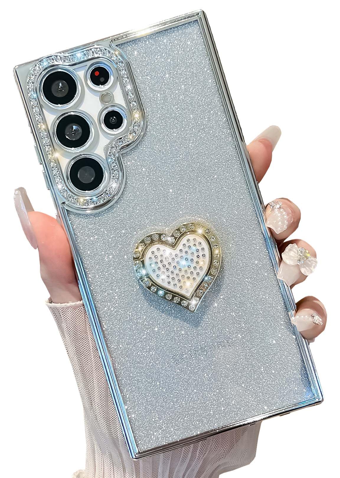 KERZZIL Luxury Girly Heart Diamond Kickstand Holder Compatible with Samsung Galaxy Case,Bling Glitter Soft TPU Protective Cases Cover for Women (