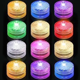 Submersible Led Lights, Waterproof Tea Lights Mini Led Light Battery Operated Underwater Lights for Jack-O-Lantern Decor Halloween Christmas Home Vases Wedding Party Decor (12 Pack,RGB)