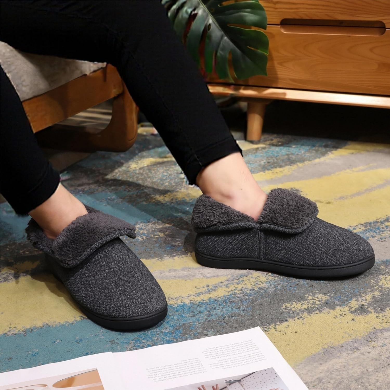 Men’s Knit Bootie Slippers Warm Fold-Over Ankle Collar Plush Fleece Lined Memory Foam House Shoes Cozy Winter Non-Slip Indoor Outdoor Slippers for Men - Image 2