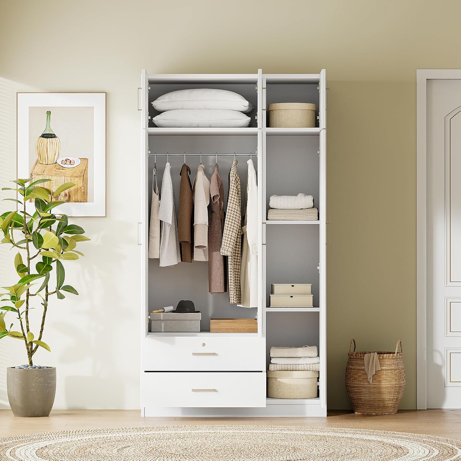 Interior view of the wardrobe showing clothes hanging on rods, folded items on shelves, and items in drawers.