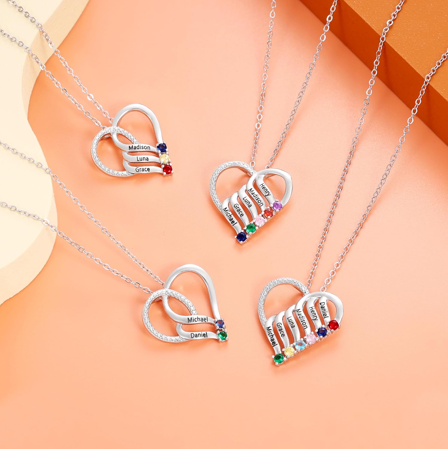 Personalized Name Mom Necklace with 2-6 Heart Birthstones, 925 Sterling Silver Custom Name Mother Chain Pendant Mother Day Christmas Gifts for Women Mom Grandma Wife - Image 4