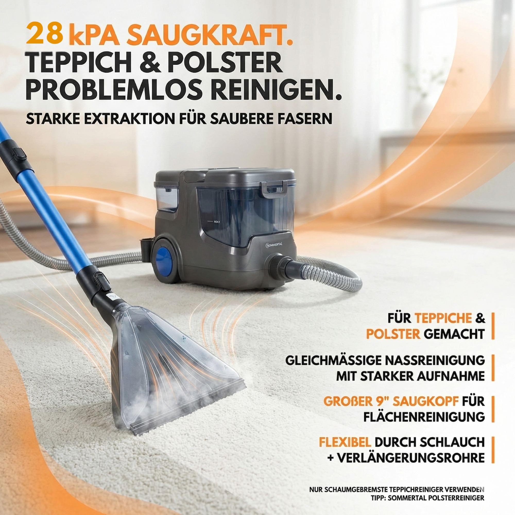 Sommertal HYDRO 9000 MAX Waschsauger | 1.000W, 28 kPa | Teppichreiniger & Polsterreiniger mit integriertem Dampfsauger und Nasssauger-Funktion für Teppich, Sofa, Auto-Innenraum & Matratzen