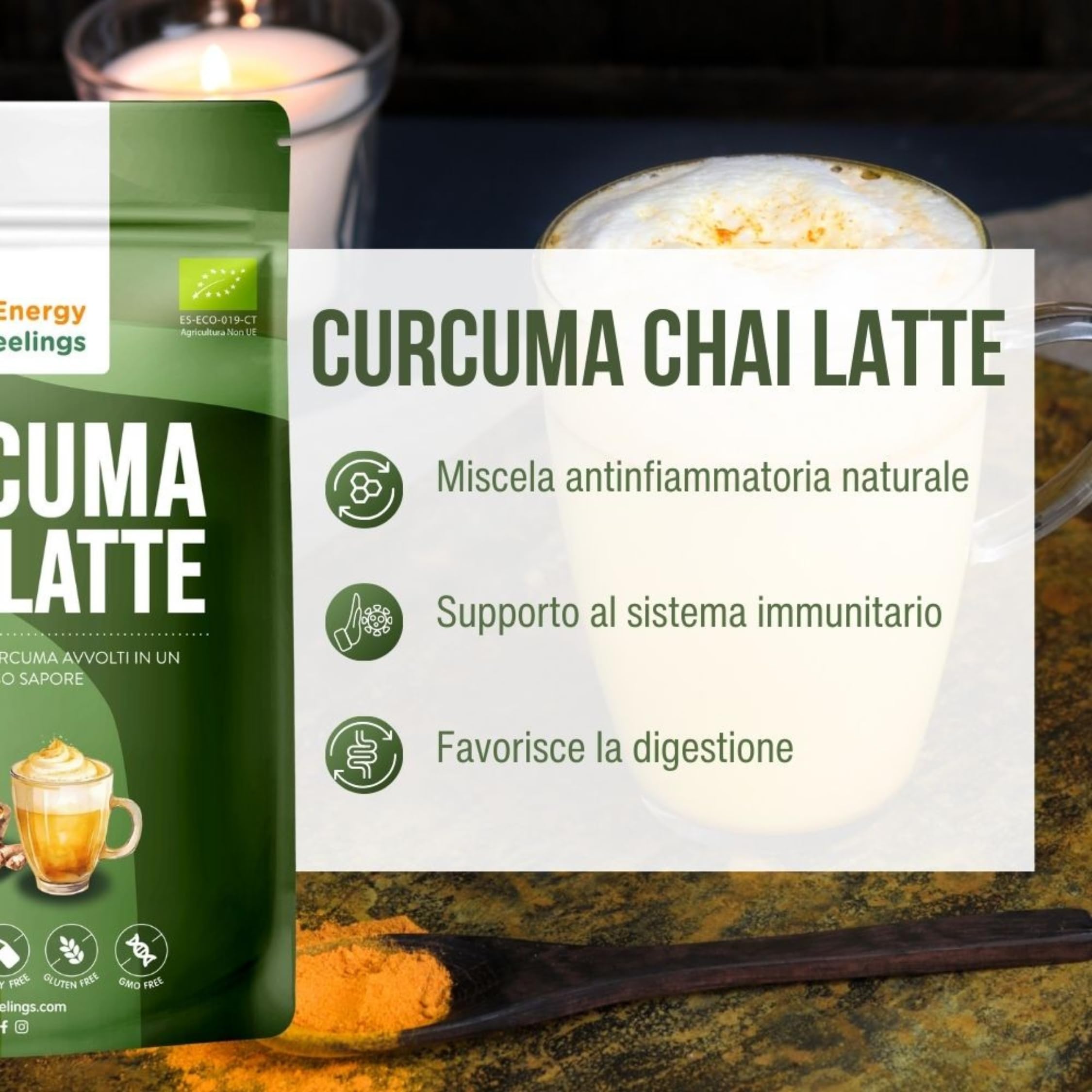 Energy Feelings Curcuma Chai Latte in Polvere BIO 500g,Golden Milk, Latte Dorato. Antiossidante e Antinfiammatorio Naturale. Curcuma con Zenzero Pepe Nero e Cannella, Senza Glutine, Vegano