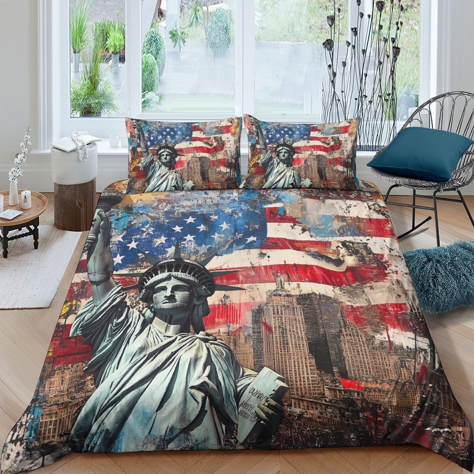 Ctjqhvkz Style-2 3D Printed American Flag Fitted Sheet Microfiber Statue Of Liberty Bed Cover For Bedroom Dorm Protective Decor Single（135X200cm）