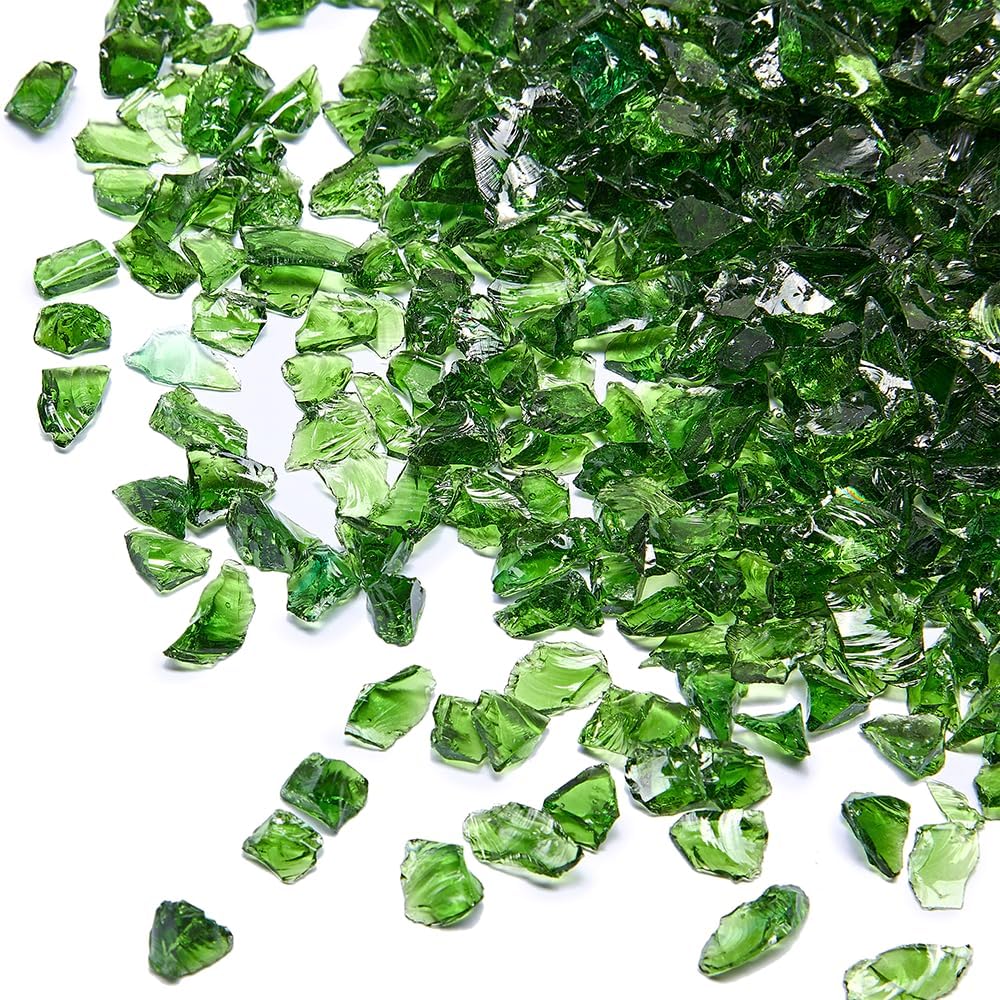 TWINKLING High Luster Fire Glass Gravel Stone Rocks Glitter 5LB,Shattered Broken Glass,Fire Gems Chips,Crushed Glass for Fire Pit Crafts Resin Art Aquarium Gravel Garden Decoration,3-6mm (Dark Green)