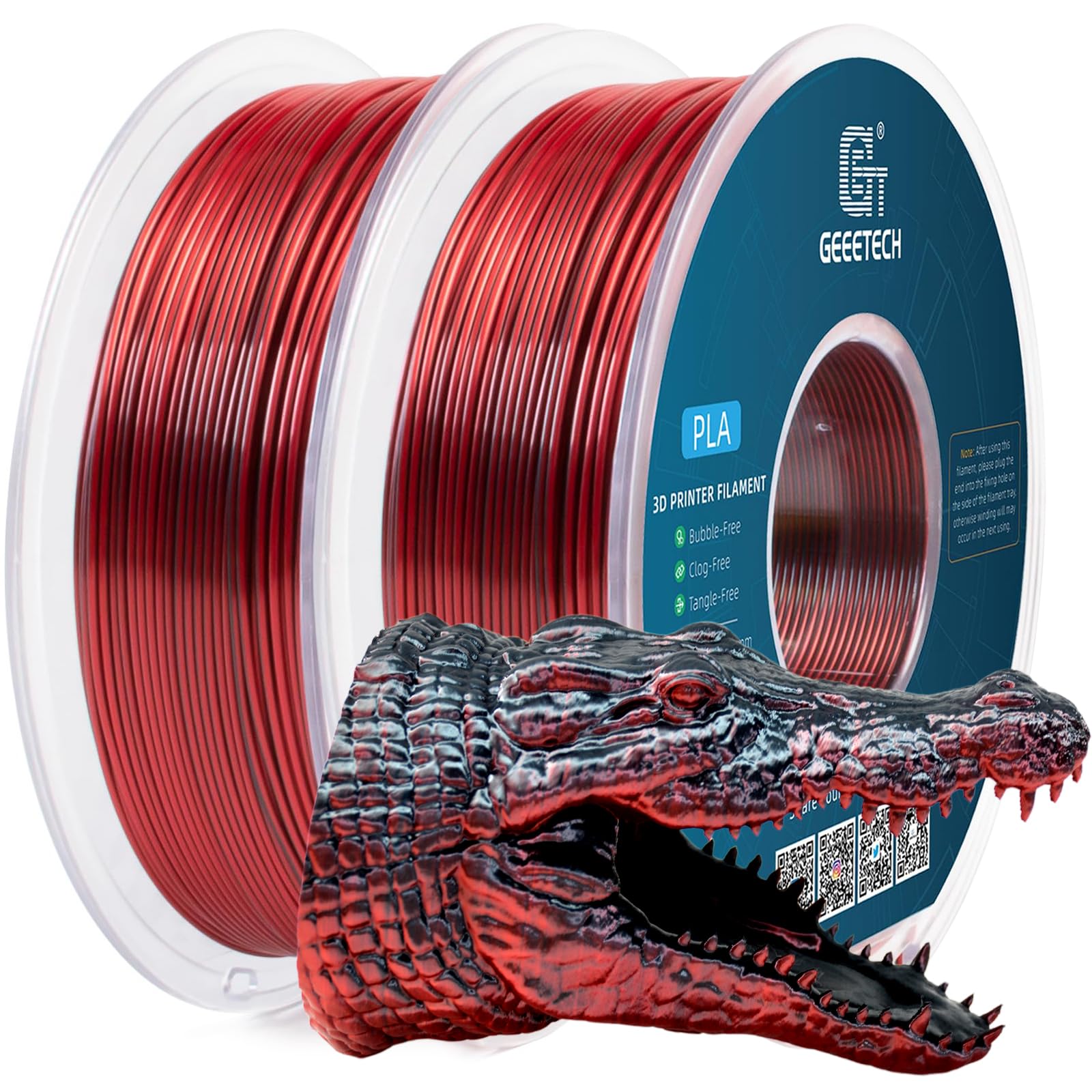 GEEETECH Filament PLA, Silk Dual Color Filament 1,75 mm, 2 kg do drukarki 3D, jedwabny czarny i czerwony