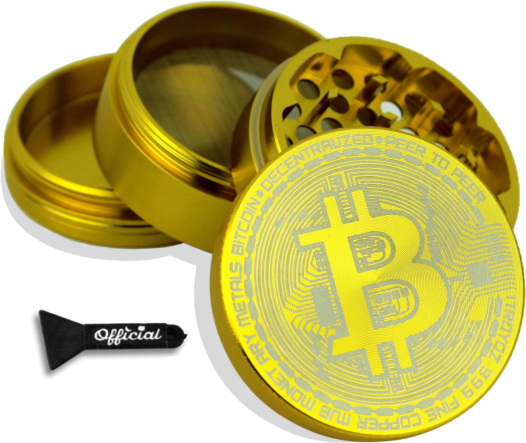 Bitcoin Herb Grinder - Non Stick Multi Hole Design - 4 Piece Bitcoin Themed Herb & Spice Grinder With BONUS Scraper Tool - Cryptocurrency Gifts, 2.3 Inches