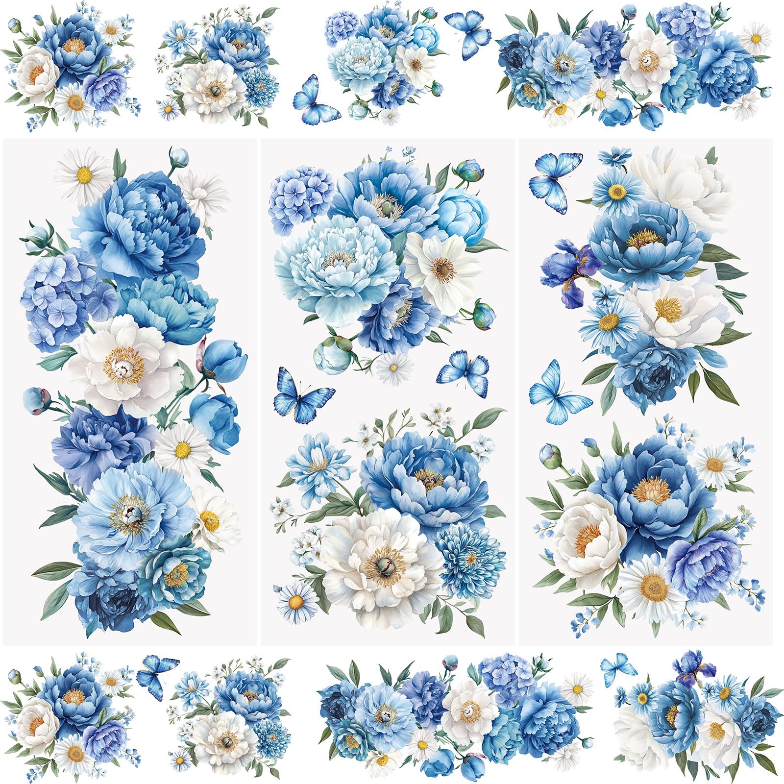 WANDIC 3 Sheets Rub On Transfer Stickers Blue Flowers Theme Waterproof Decals Furniture Craft Decorative for DIY Scrapbooking Photo Albums,15 * 30cm