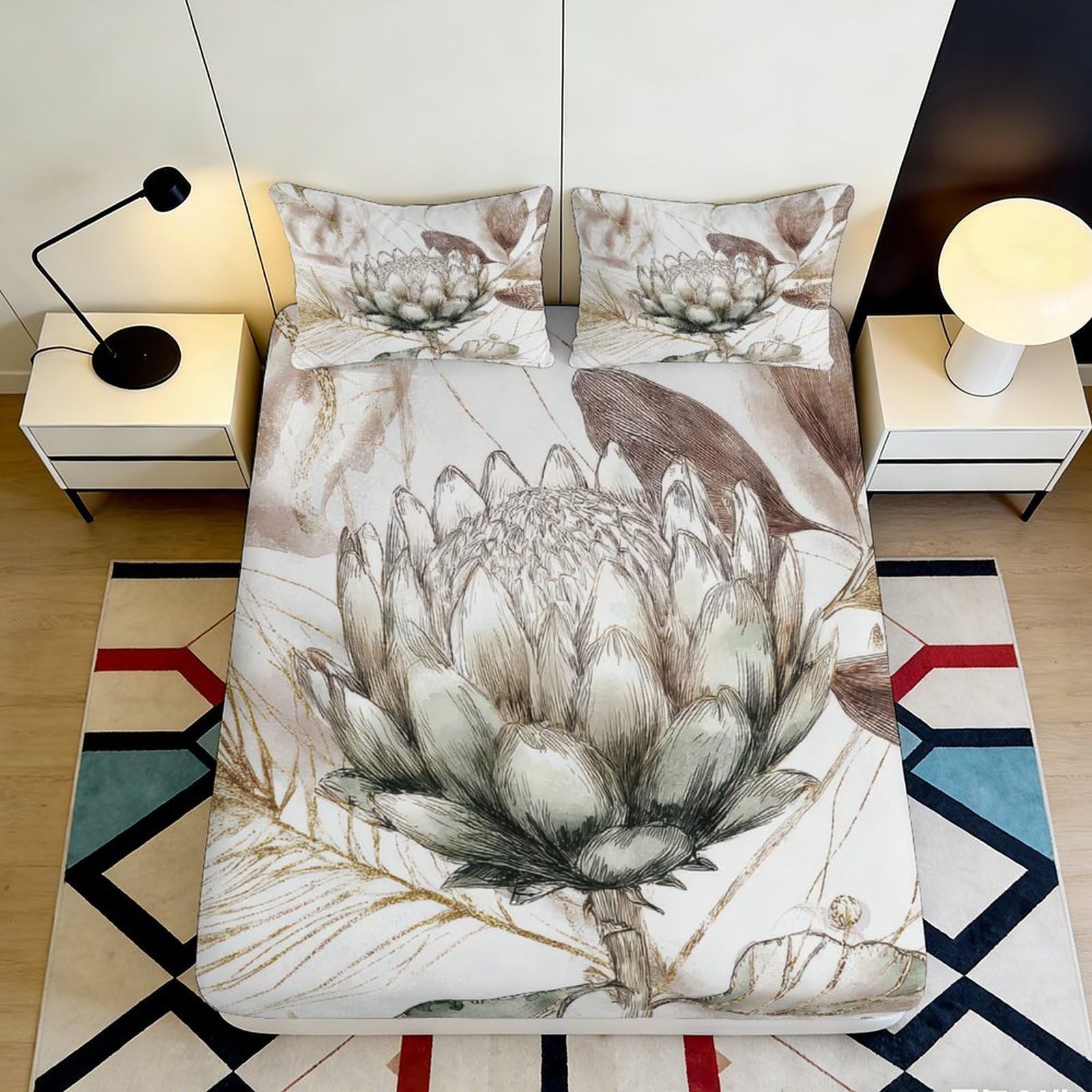 3D Printed Vintage Flower Fitted Sheet Microfiber Soft Breathable Botanical Bed Sheet for Bedroom Dormitory Guest Room Mattress Protection Decor 200x200x25cm