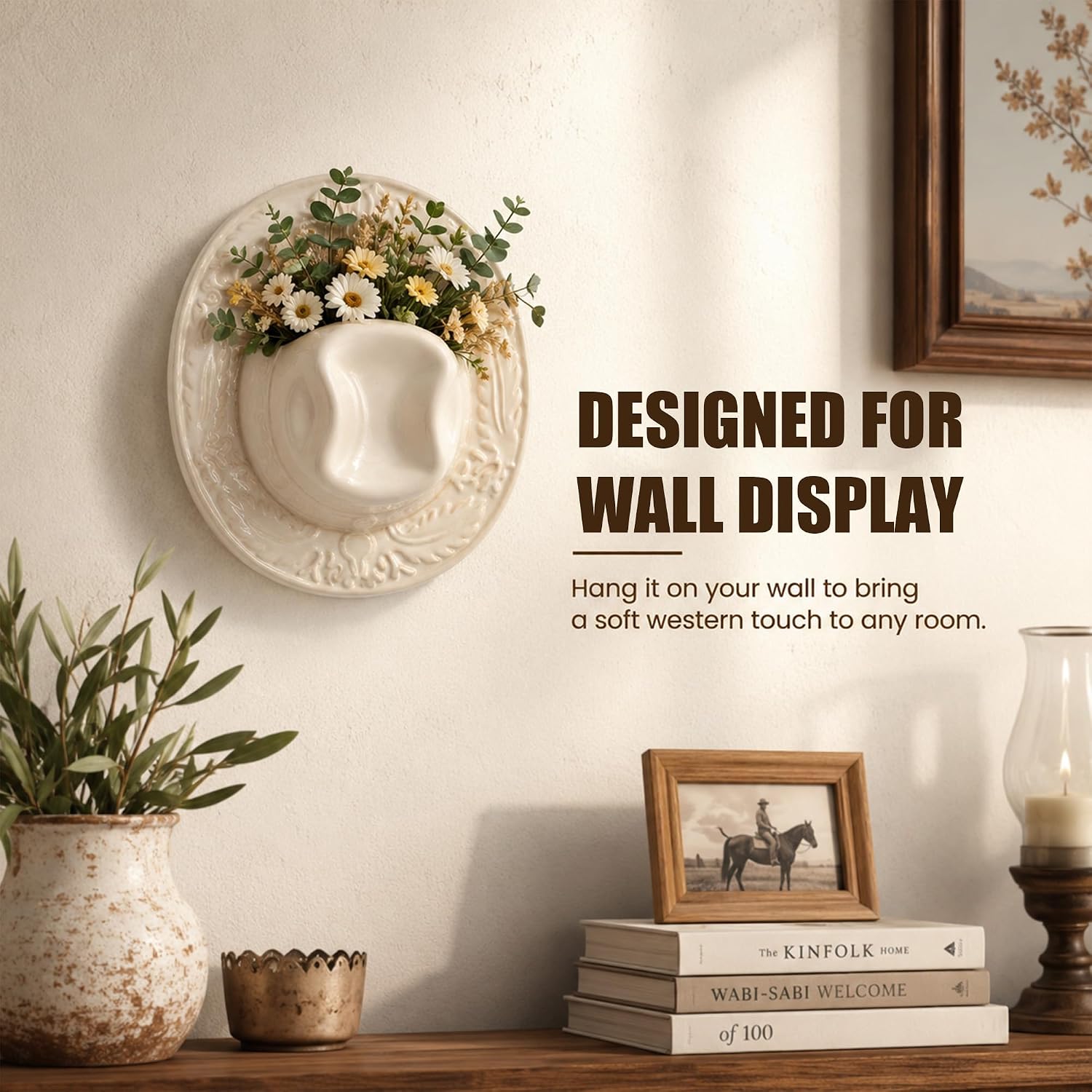Ceramic Cowboy Hat Vase for Wall, 8.3-Inch Western Decor image 2