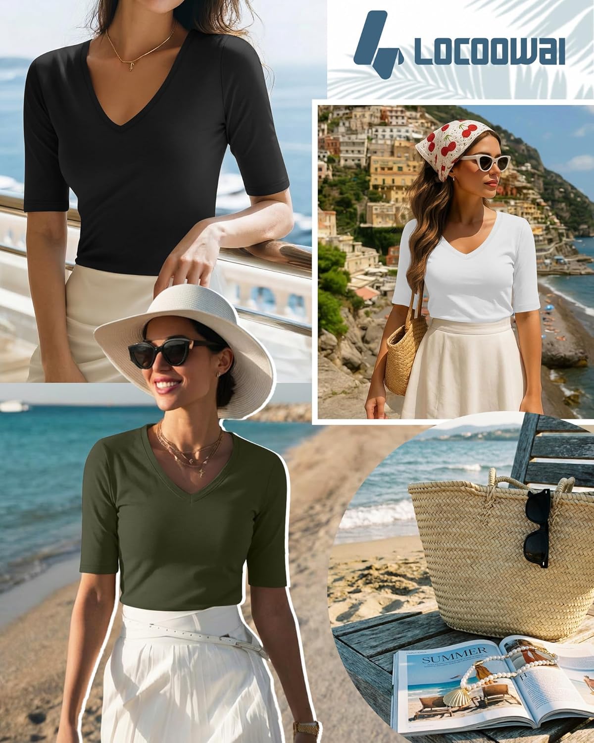 4 Pack Women's Half Sleeve T Shirts, Cotton V Neck Elbow Length Shirt Slim Fit 1/2 Sleeve Tops Casual Basic Tee(Black, White, Dark Gray, Army Green,X-Large) - Image 4