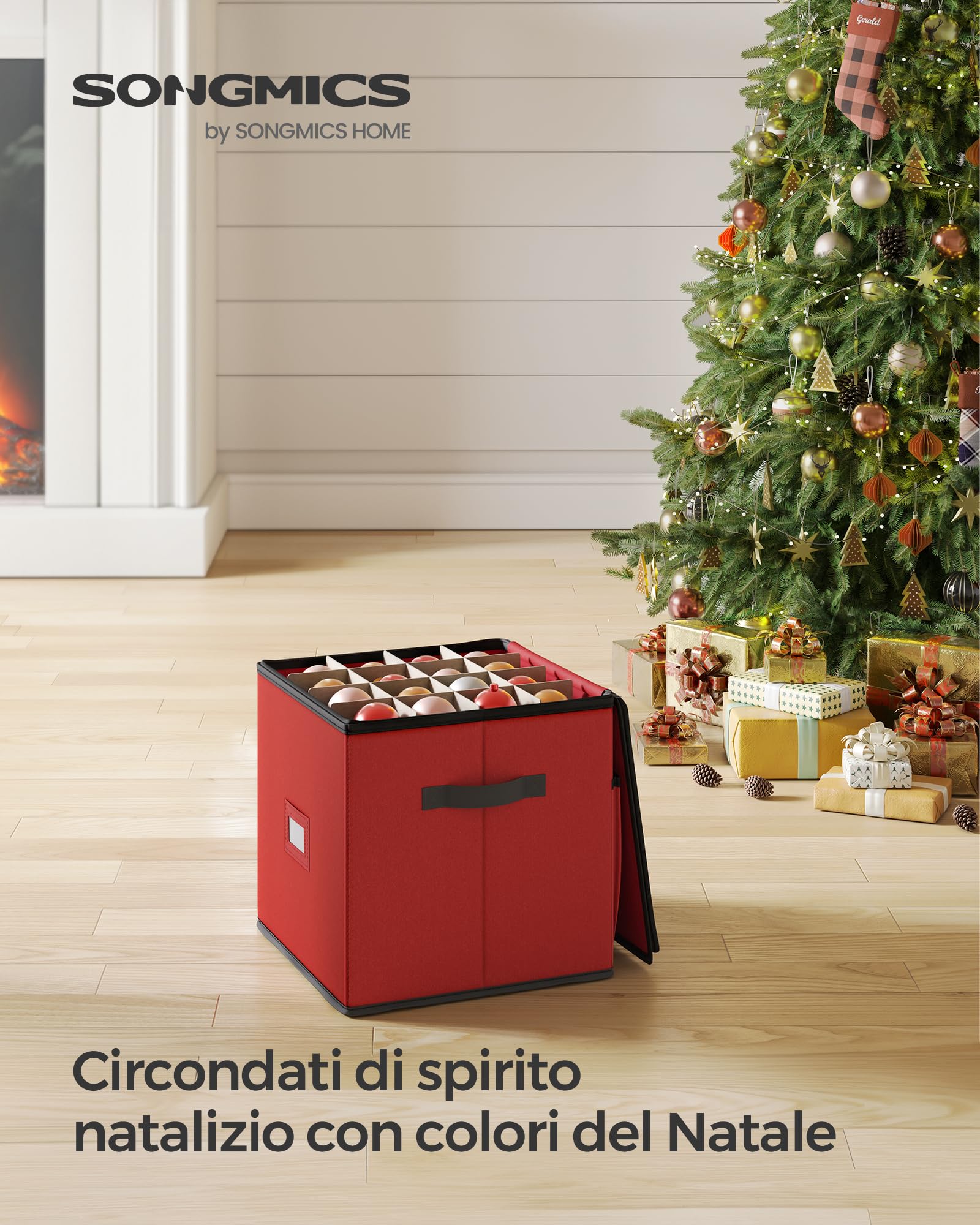 SONGMICS Contenitore per Palline di Natale, 64 Scomparti da 7,6 cm, Scatola Impilabile Decorazioni Natalizie con Coperchio, Doppia Cerniera Lampo, Divisori Regolabili, Rosso Ciliegia RFB036R01