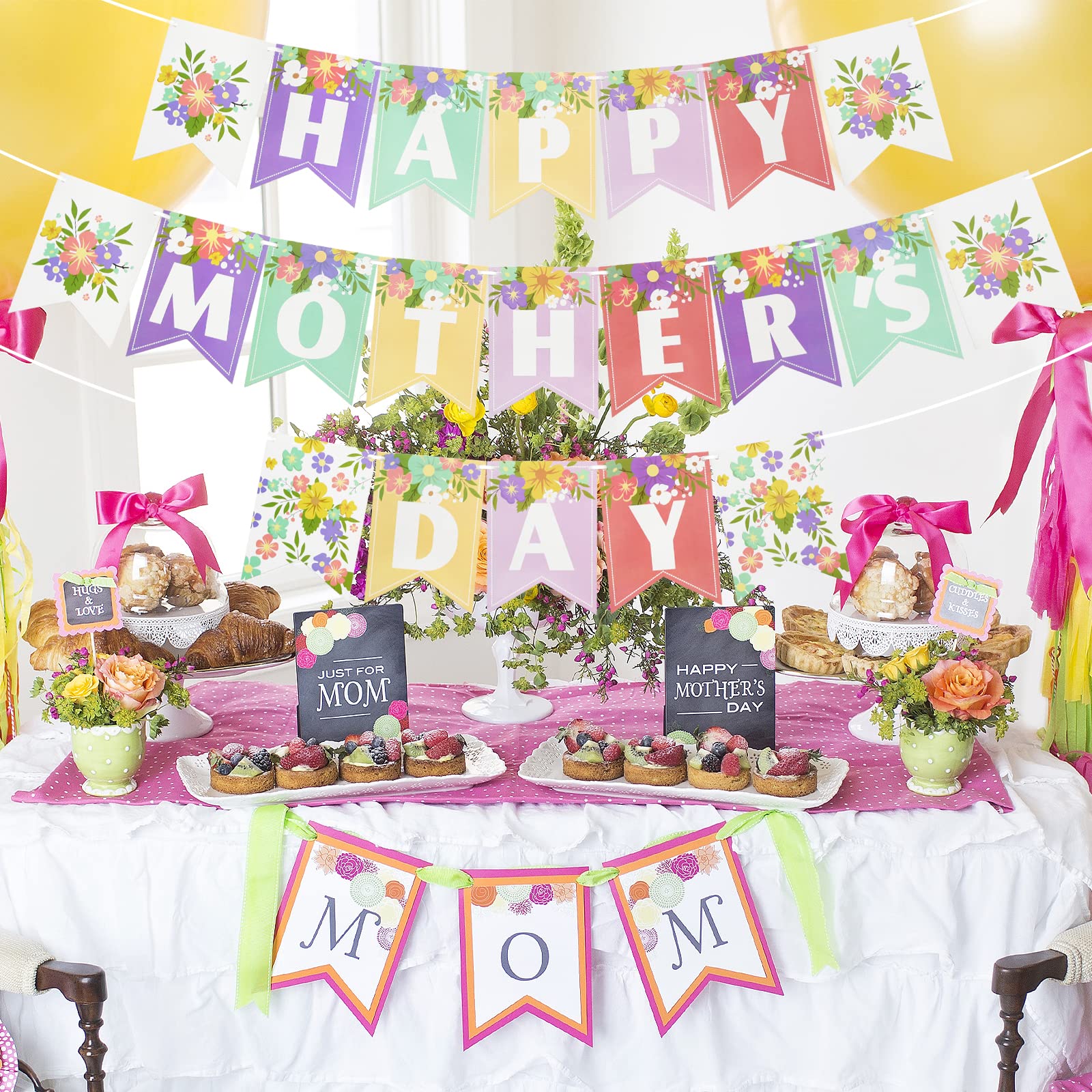 Festone Festa Della Mamma Happy Mother's Day Con Motivi Floreali - Decorazione Floreale Per Sfondo Foto E Addobbi - Banner Di Carta