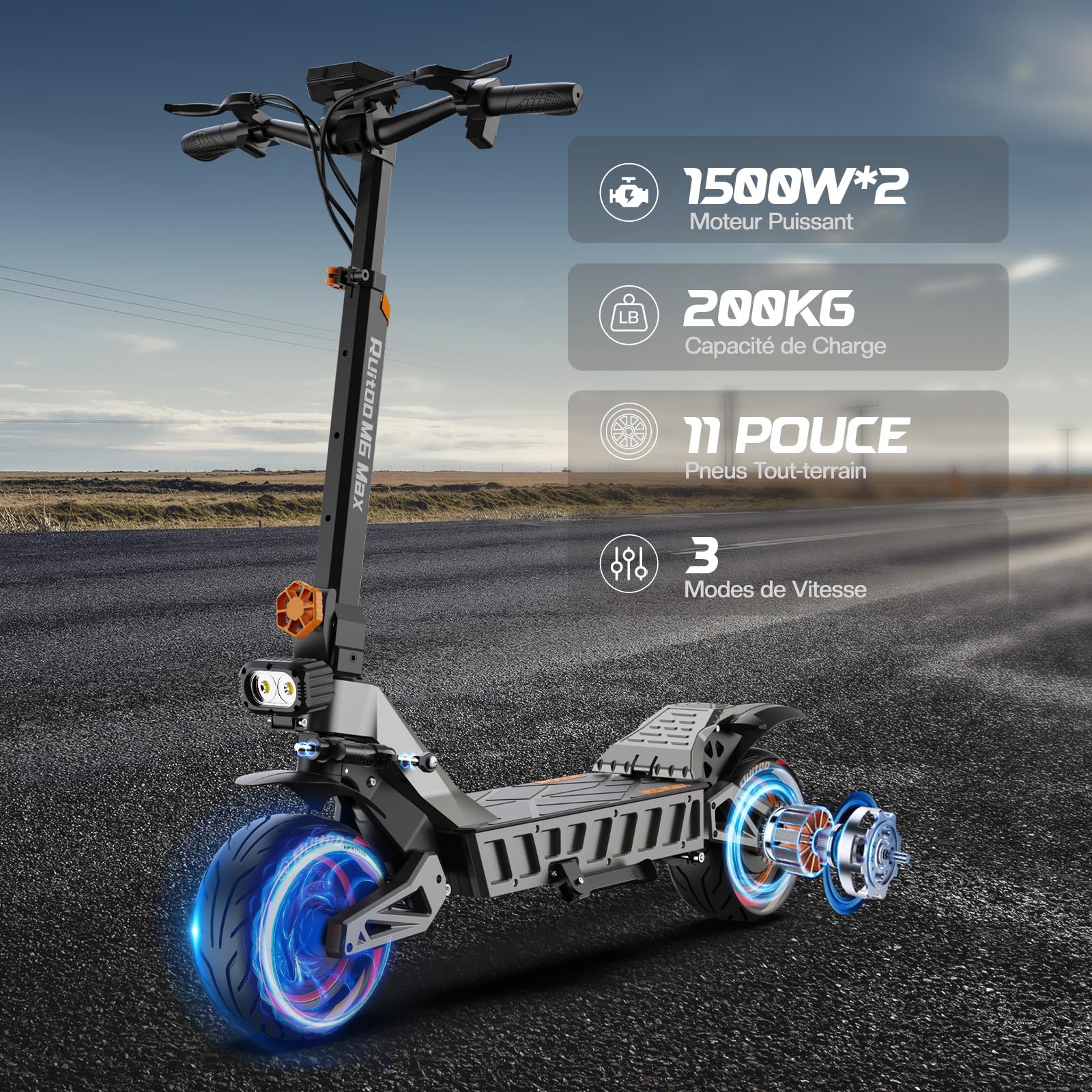 Trottinette Électrique Adulte, Scooter Électrique Pliable, 2 Moteurs, Batterie 60V 20.8Ah, Autonomie Max 60-70KM, Pneus Tout-Terrain 11 Pouces, 3 Modes de Vitesse, Affichage Intelligent