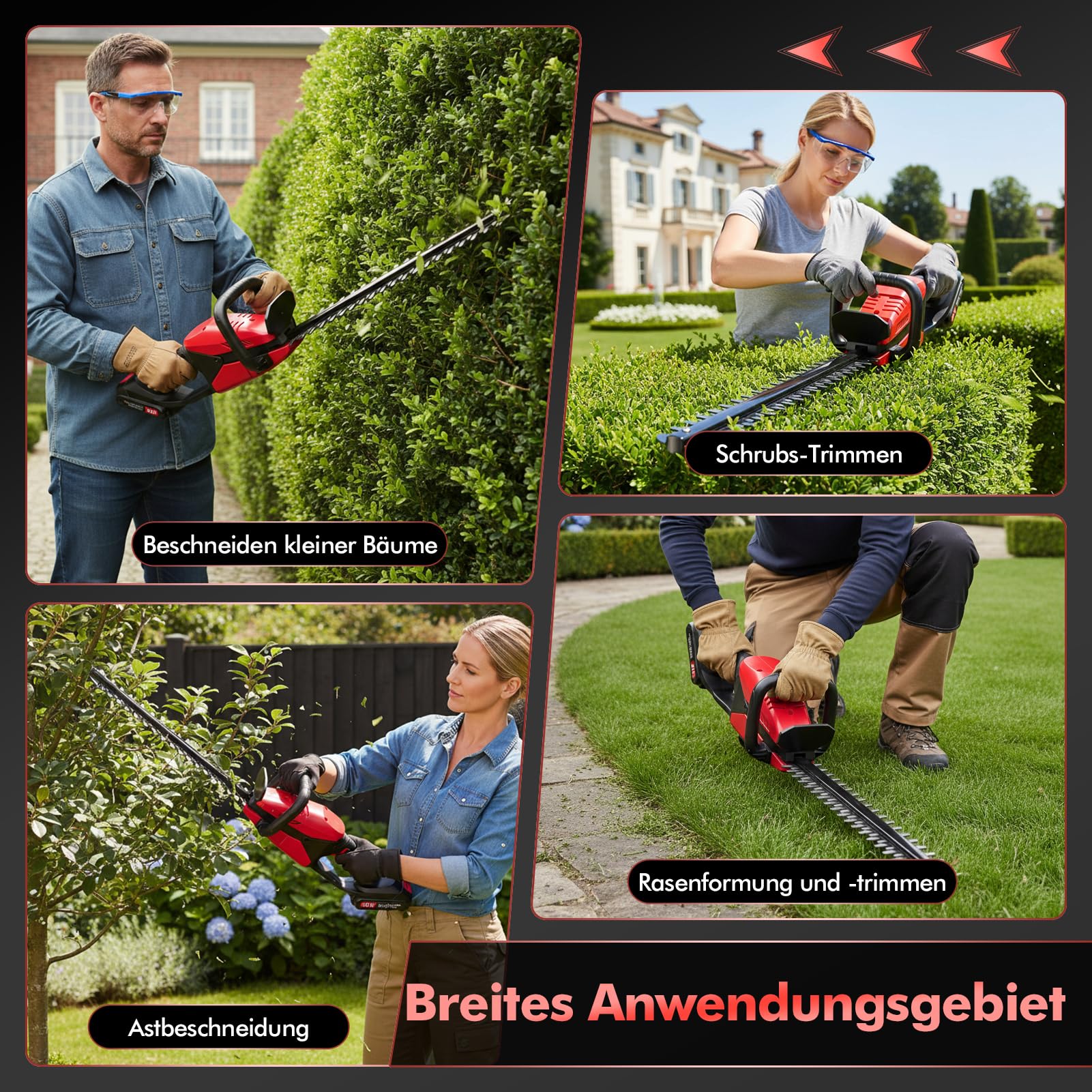 Akku Heckenschere Profi Hecken & Strauchschere, Leicht Akku Heckenschere Elektrisch mit akku und Ladegerät, 50cm Schnittlänge, Schnittstärke 15mm Dual Schnittklingen Verstellbarer Griff