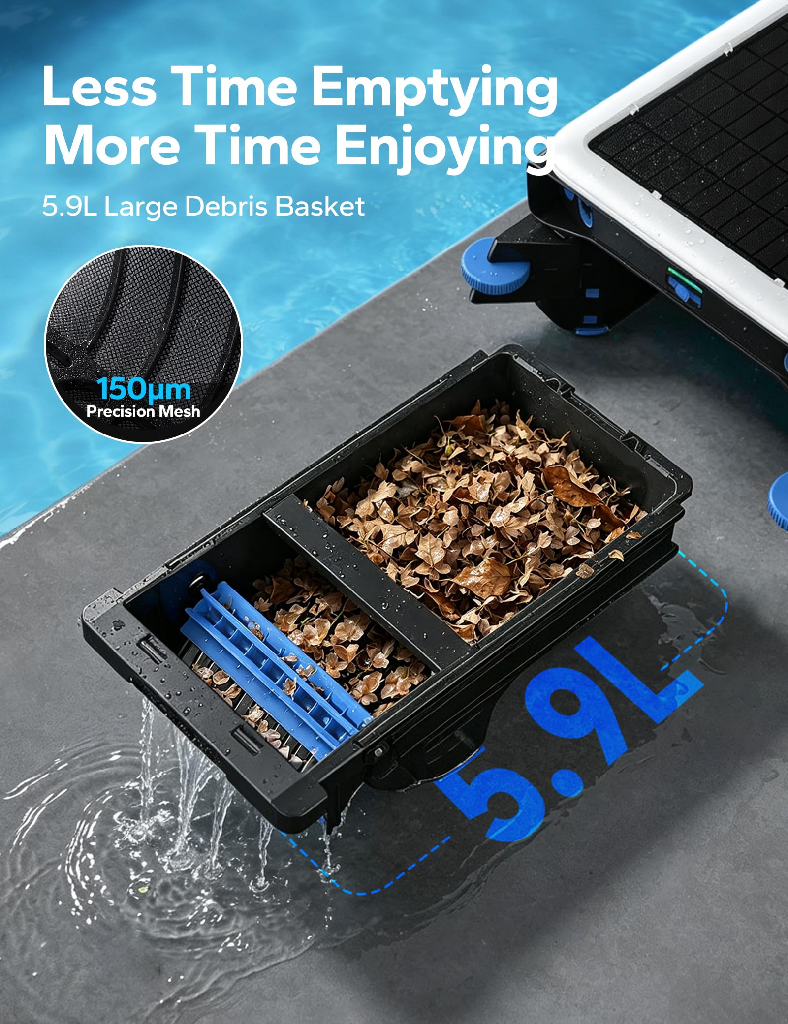 POOLHACKER Robot d'écumoire solaire de piscine, nettoyage continu 24h/24, 7j/7, double modes de charge, évitement intelligent des obstacles, panier extra large de 9 L, filtre à maille fine de 150 μm