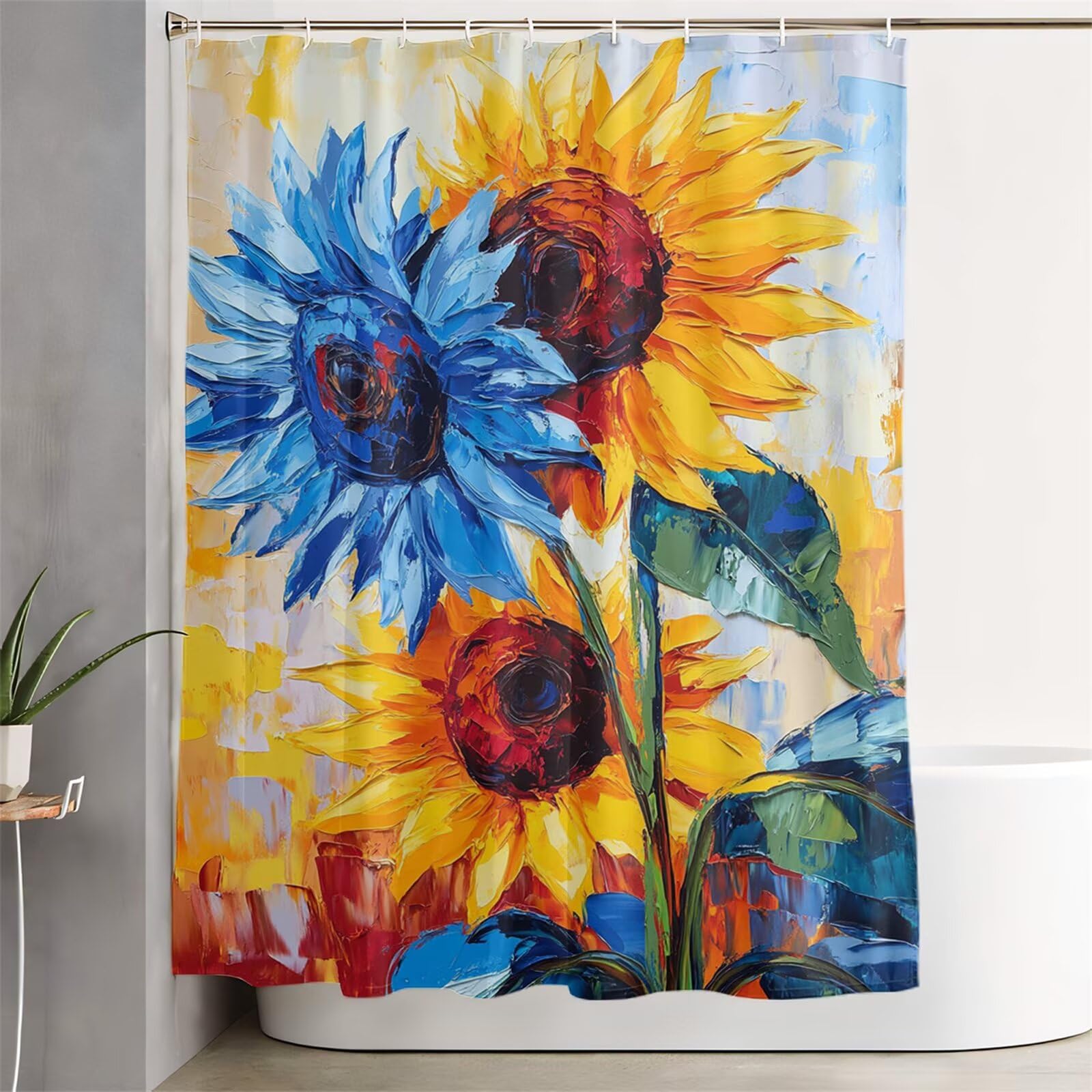 Zasłona prysznicowa ze słonecznikiem, bardzo długa, 240 x 200 cm, do łazienki, żółta, wodoodporna, z haczykami i obciążonym obszyciem, nadaje się do prania, szybkoschnąca, na wszystkie pory roku