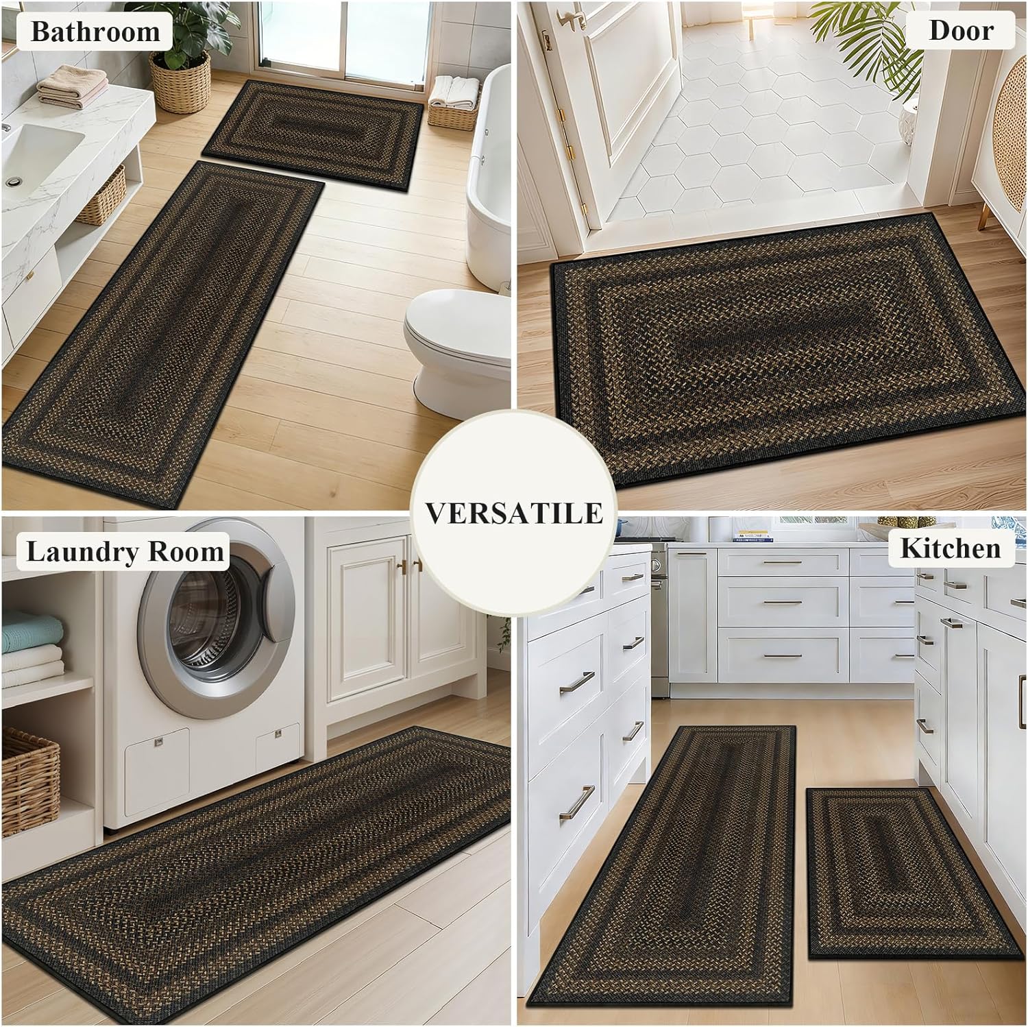 HEBE Kitchen Rugs Sets of 2 Non Slip Washable, 24"x36"+24"x72" Easy Jute Kitchen Mats for Floor, Stain Resistant Kitchen Carpet Runner for Hallways, Entryway,Laundry