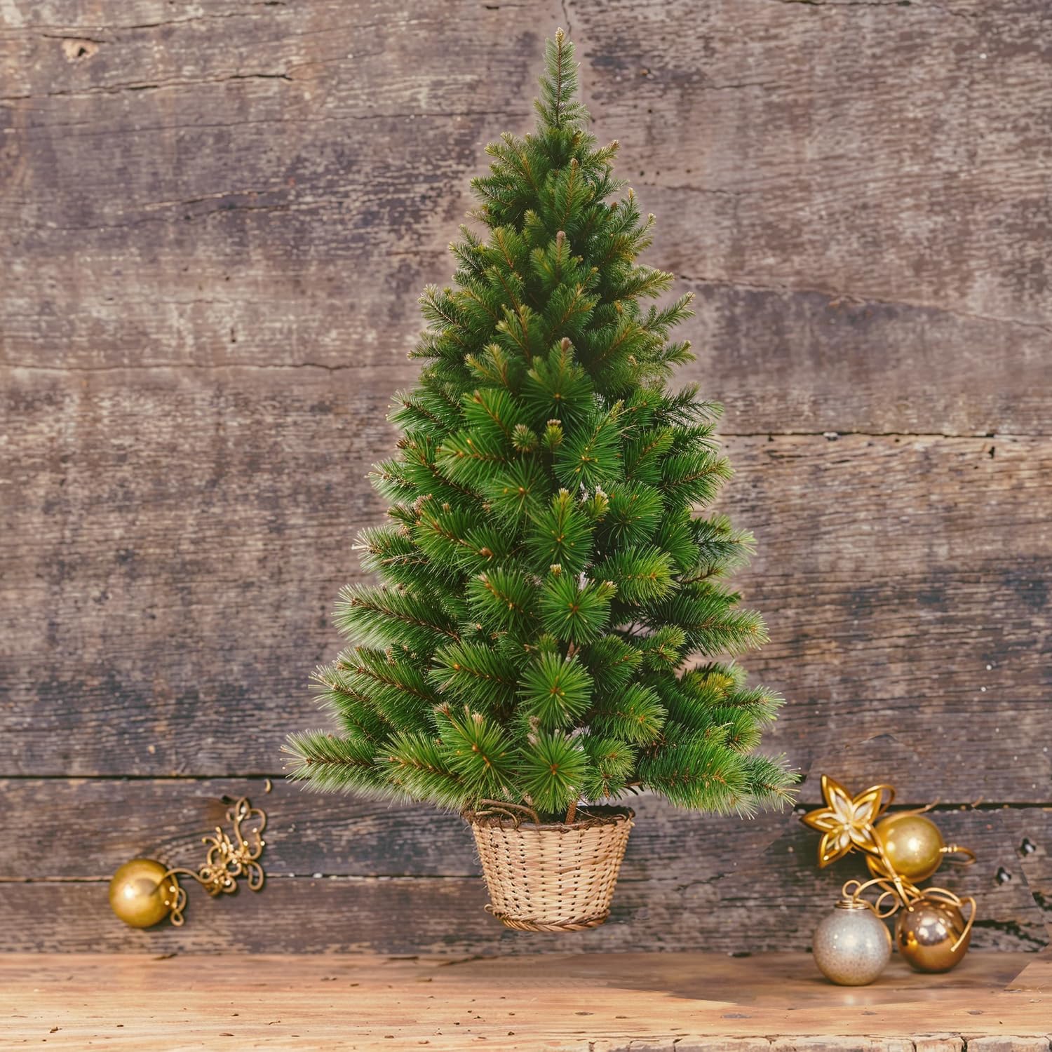 Marvin Albero di Natale da Parete Muro, Effetto Realistico Richiudibile Apertura ad Ombrello Facile da Montare Decorazioni Natalizie Folto Verde, a Metà con Vaso in Rattan e Borsone (120 CM)