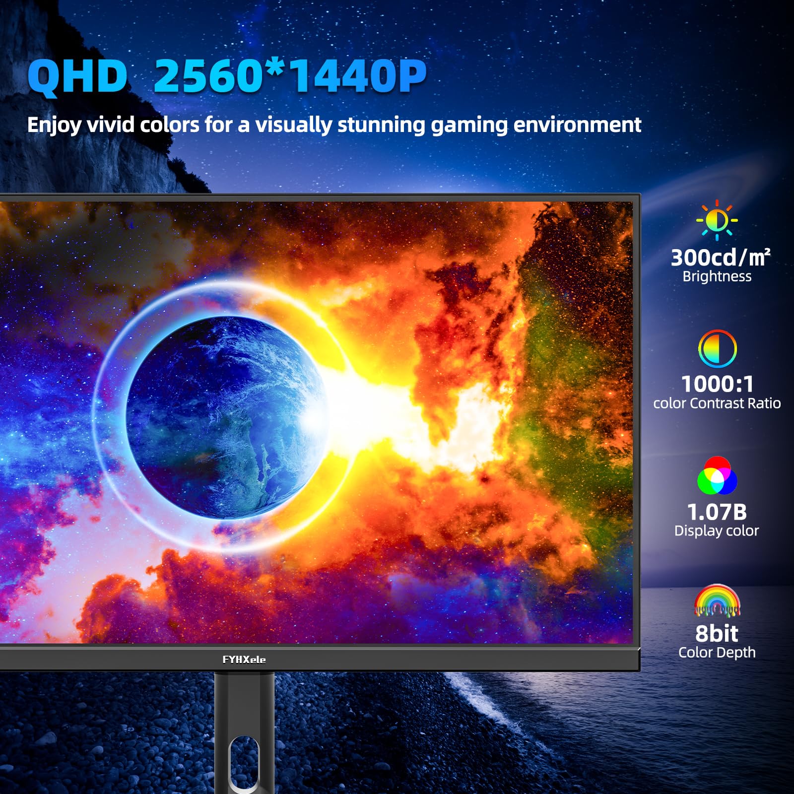 FYHXele Monitor de gaming de 27 pulgadas, monitor de ordenador de 300 Hz, panel QHD Fast IPS, pantalla de PC GTG de 0,8 ms, soporte ajustable para vertical y VESA, antiluz azul, negro