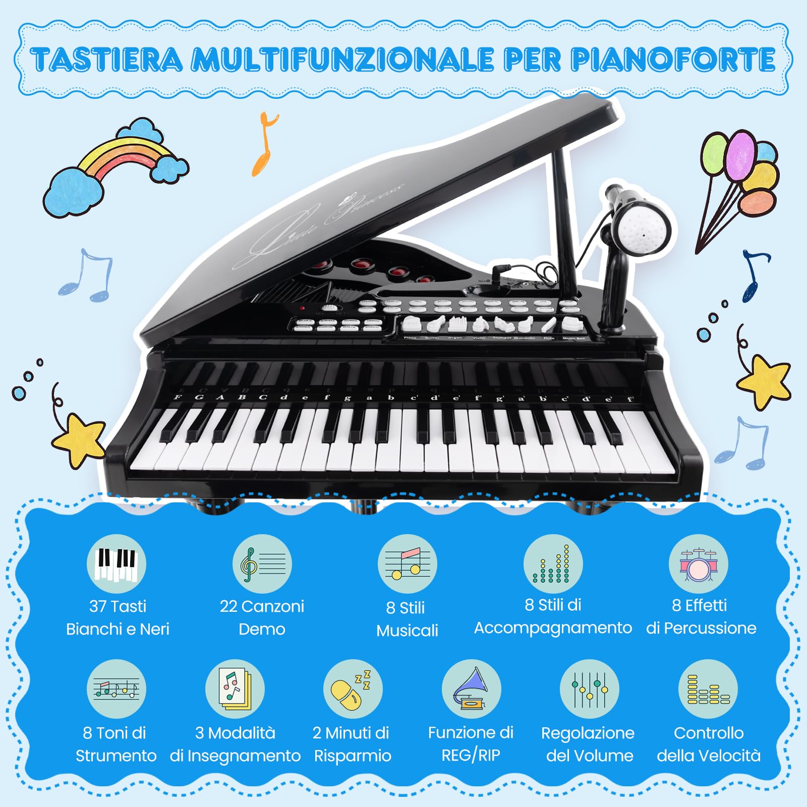 RELAX4LIFE Pianoforte per Bambini con 31 Tasti e Sgabello, Tastiera Pianoforte Elettronico con Microfono, Funzione di Registrazione e Riproduzione, Giocattolo Musicale per Bambini 3+ Anni (Nero)